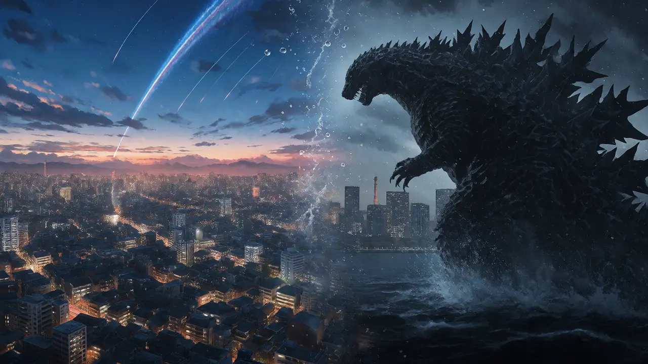 Surreal composite of anime cityscapes and Godzilla emerging from the ocean at twilight.