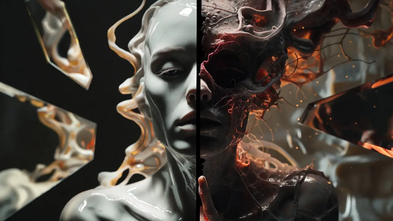 Surreal depiction of bodily transformation and cinematic cuts