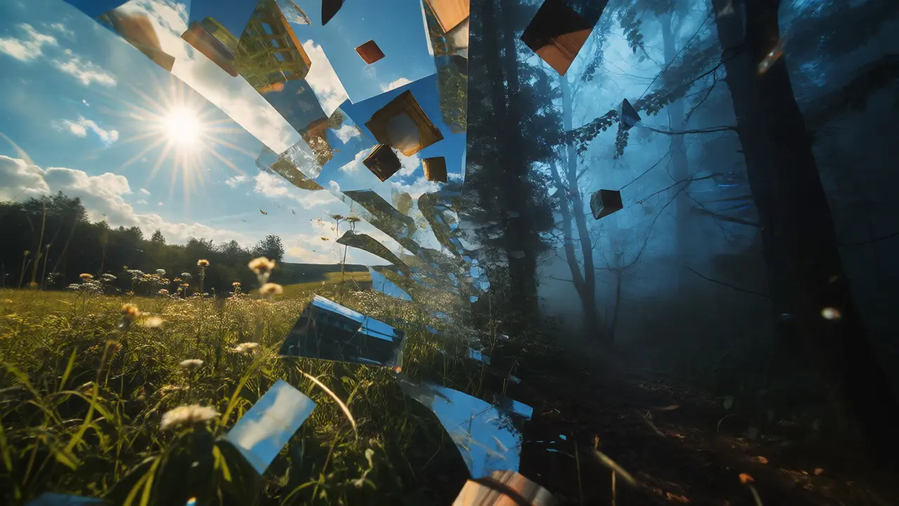 Surreal fragmented landscape blending bright and dark scenes