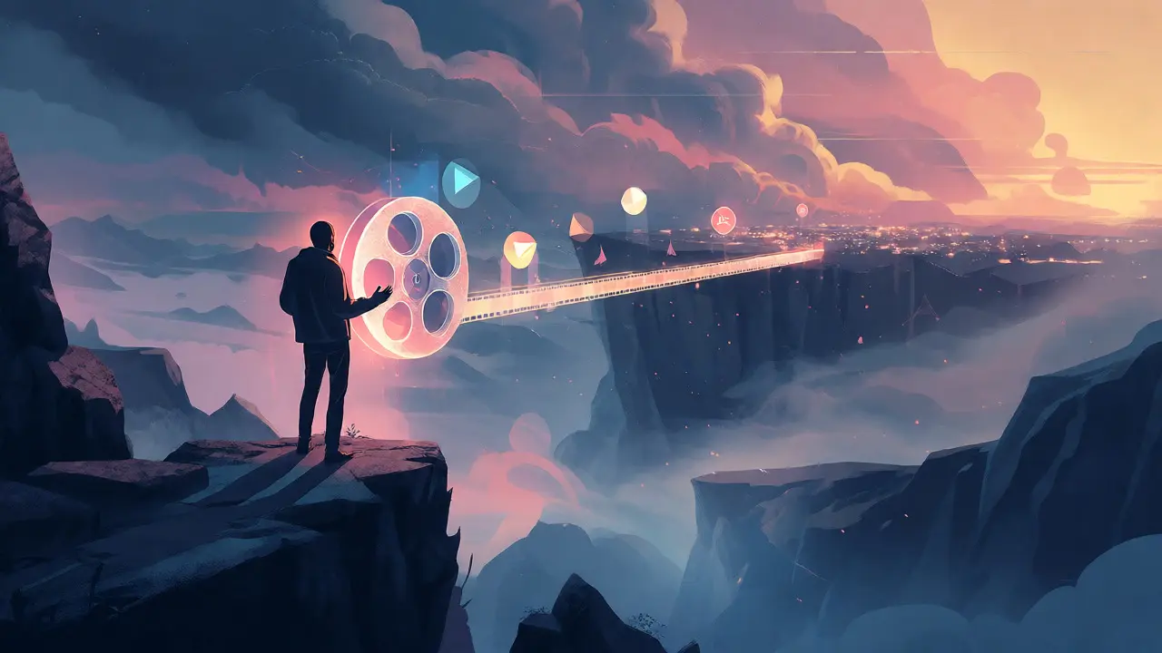 Surreal image of filmmaker crossing light bridge over misty valley