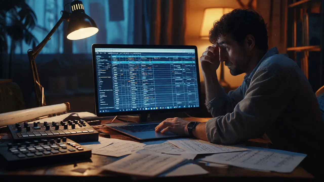 Tired composer reviewing contracts at a desk