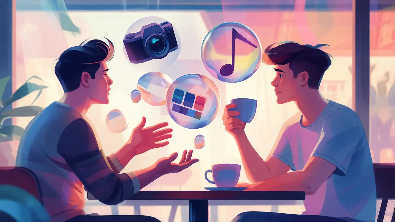 Two friends discussing film concepts with abstract visual metaphors at a cafe.