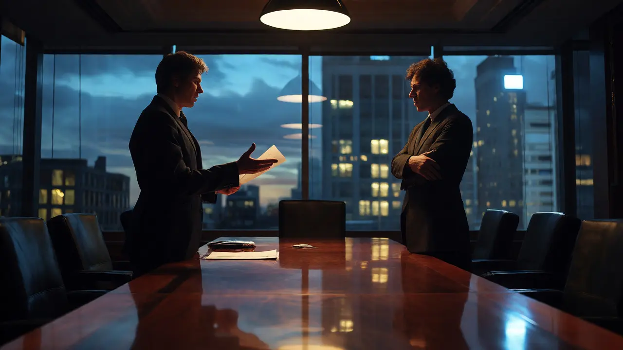 Two people arguing over a script in a dimly lit office