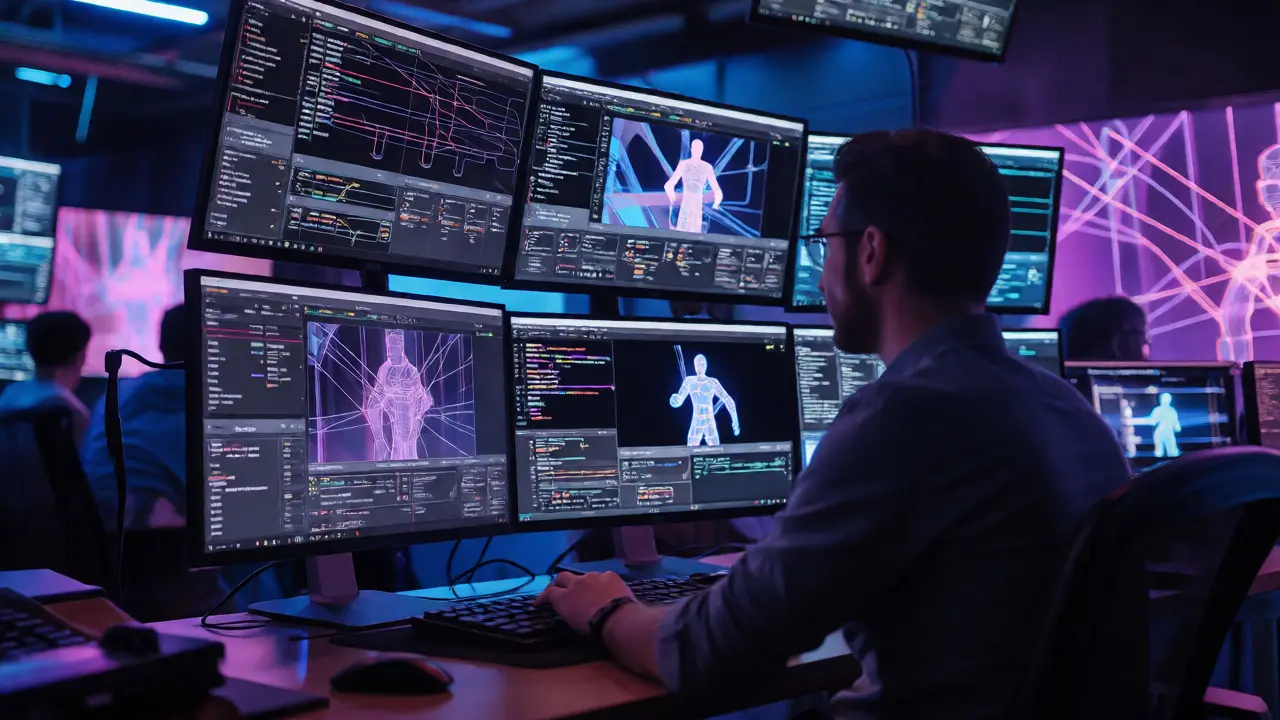 VFX artist working in a dark studio analyzing complex wireframe simulations of digital crowds on multiple screens.