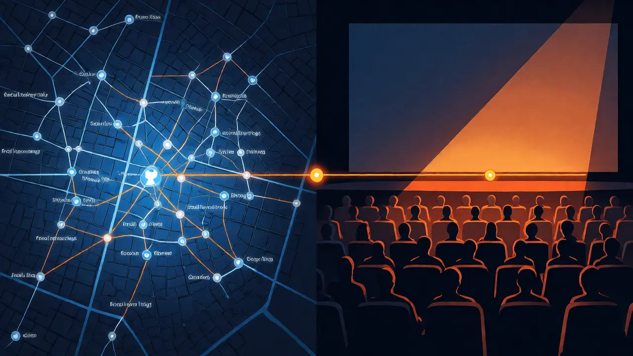 Visual metaphor connecting local audience data to a packed theater screen