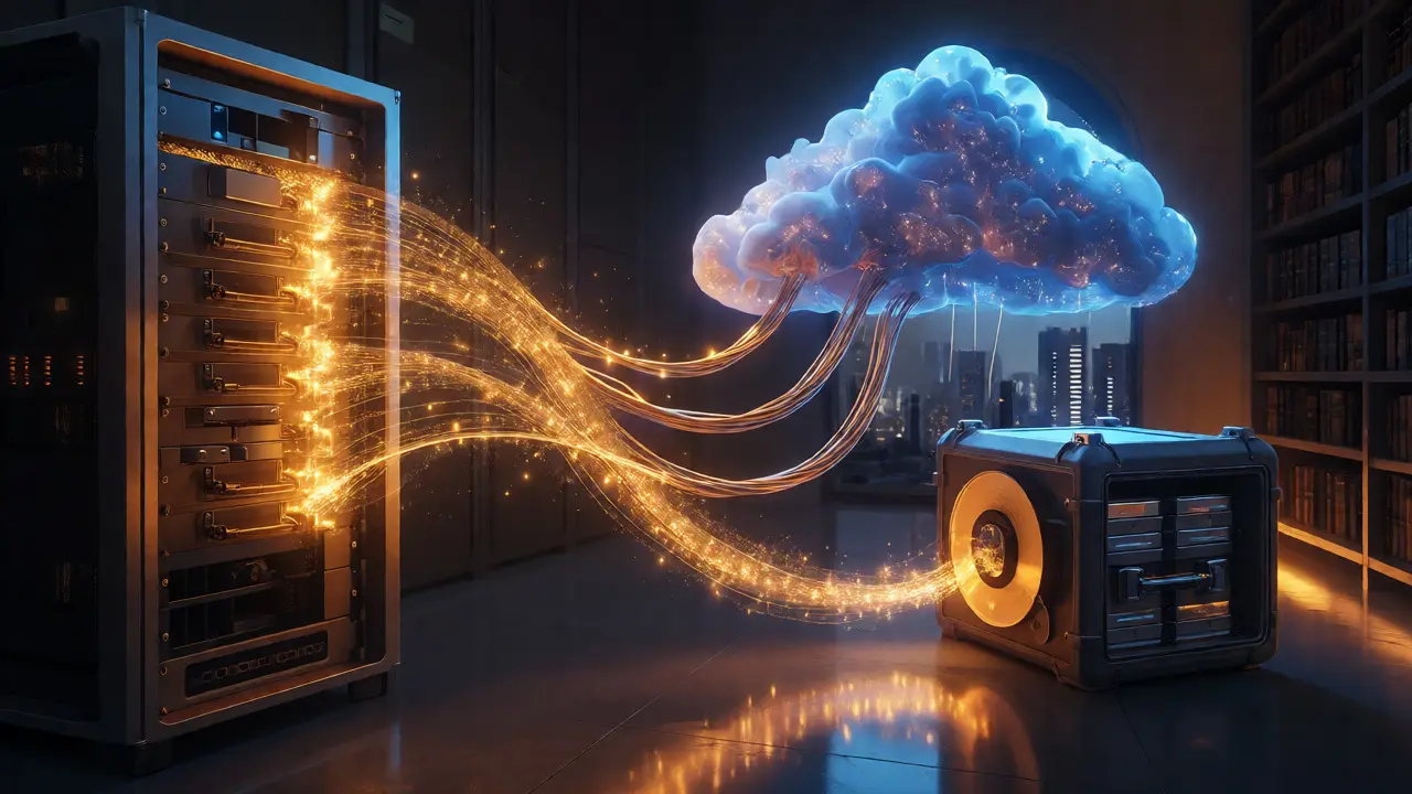 Visual metaphor of 3-2-1 backup strategy with data flowing to safe, cloud, and tape