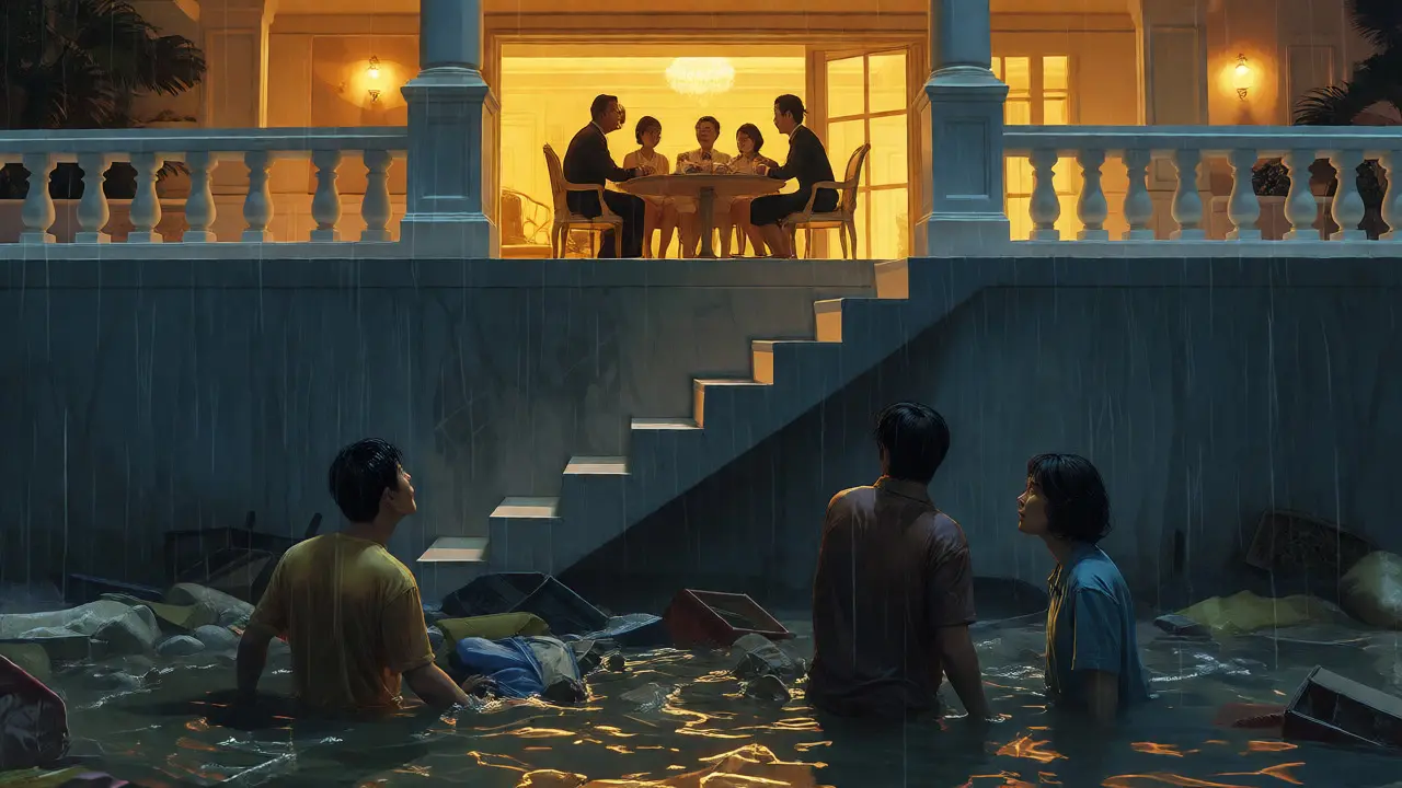 Wealthy family dining above flooded working-class home