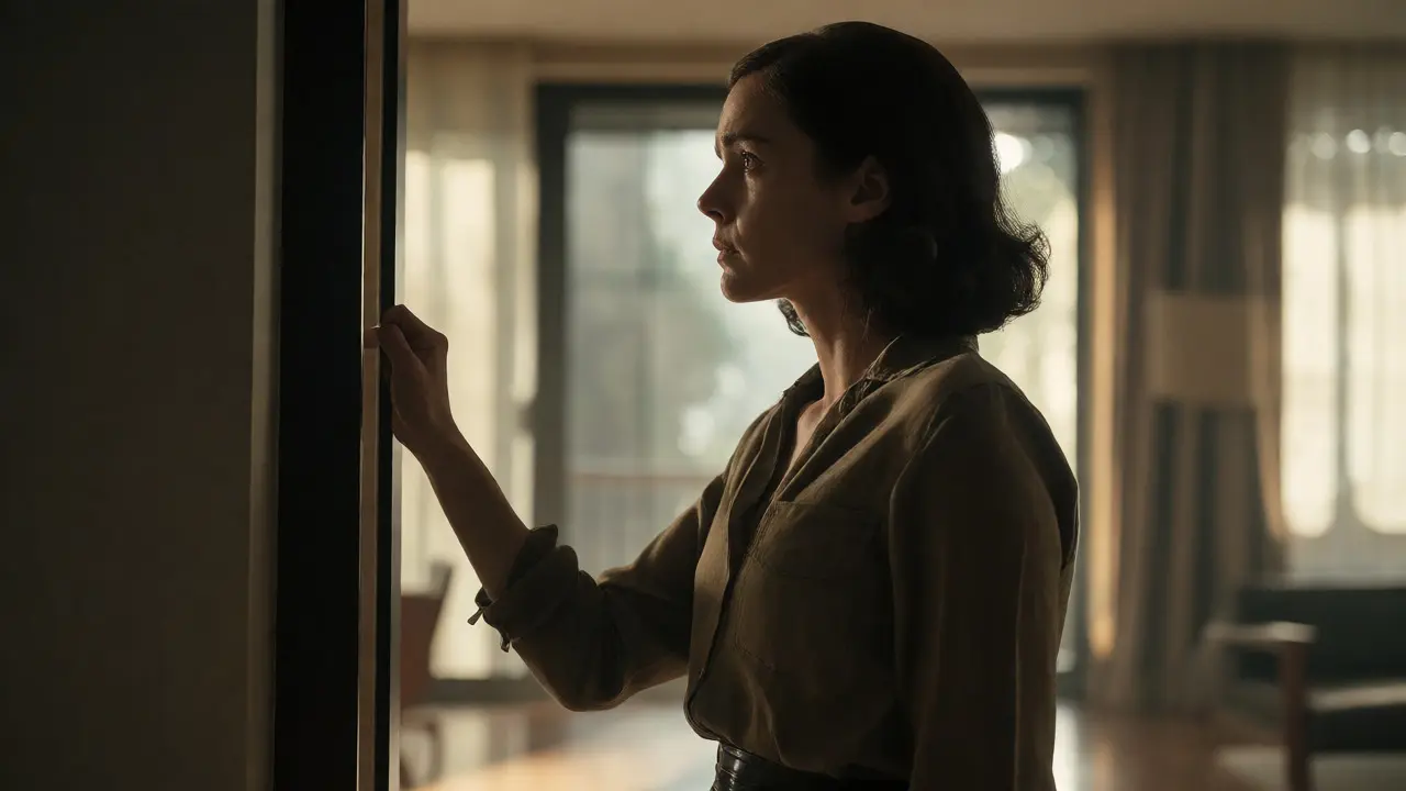 Woman standing rigidly in a dim room, gripping a doorframe in silent anxiety.