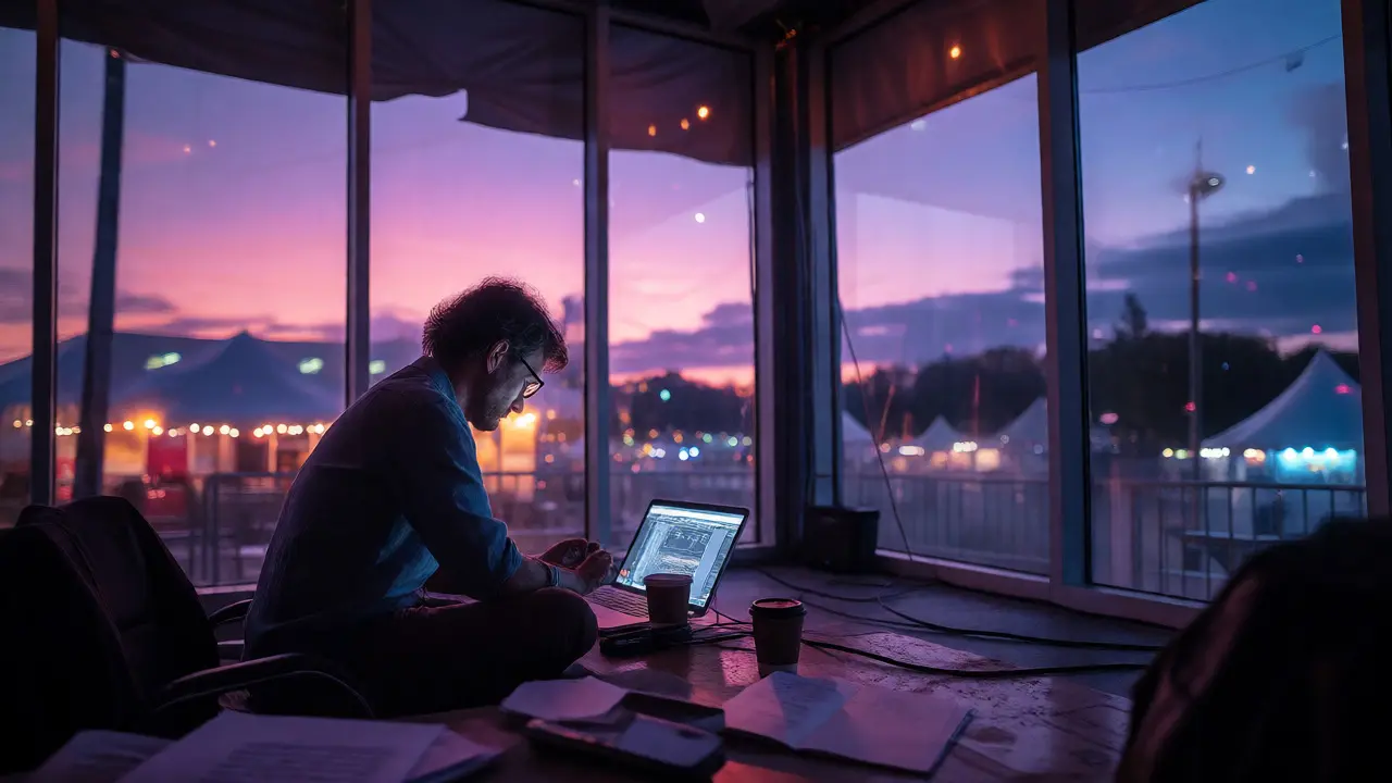 Writer working late on coverage after a screening