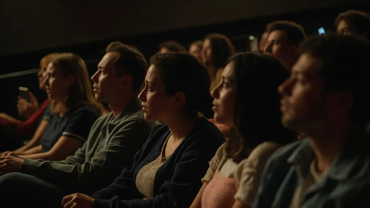 Young adults watching an indie film intimately in a modern art house cinema.