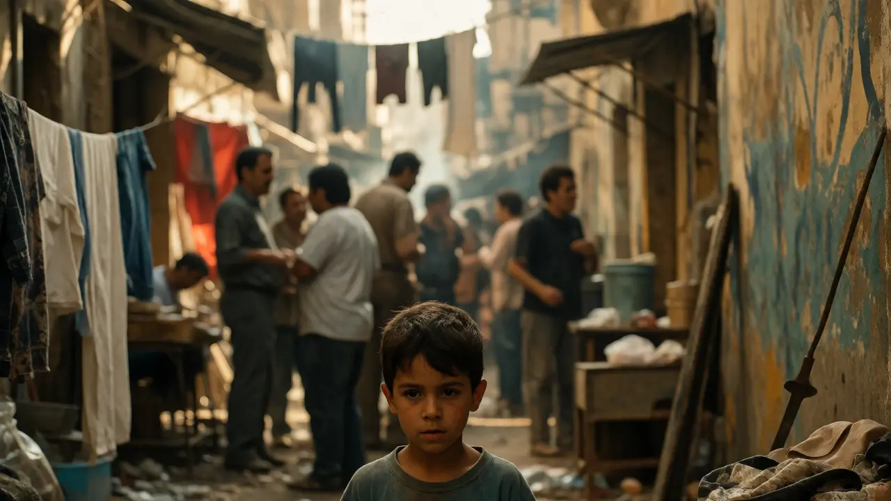 Young boy walking through a busy Beirut alleyway